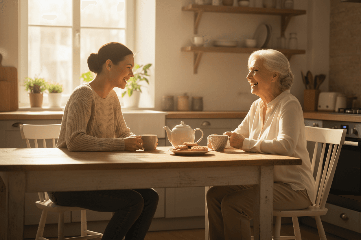A caregiver supporting a senior with kindness at home