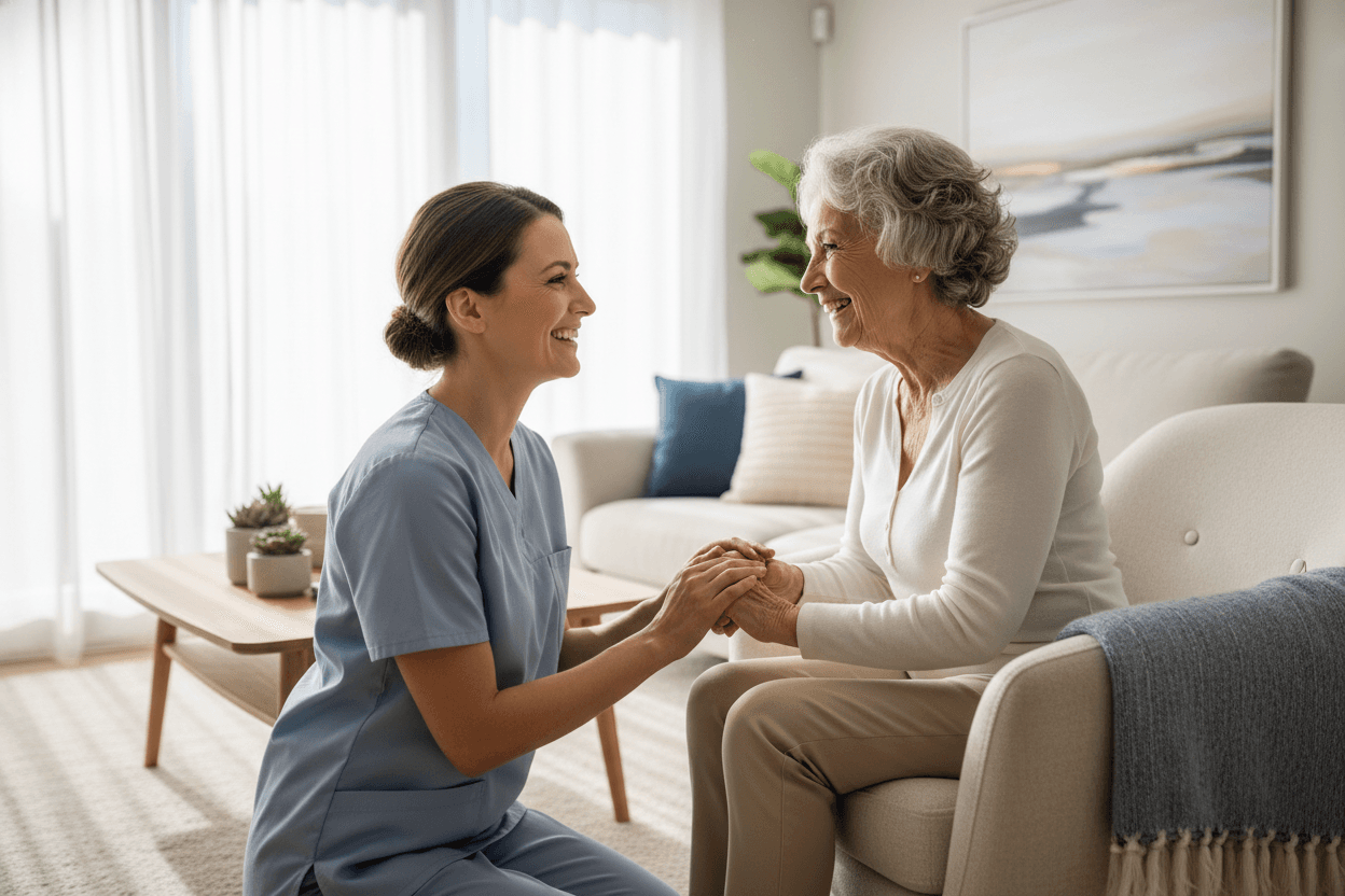 A caregiver providing warm, compassionate care to a senior at home
